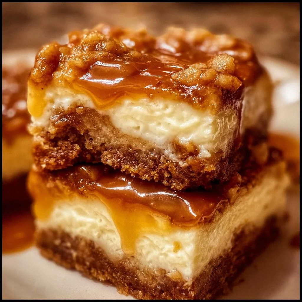 Delicious caramel apple cheesecake bars topped with caramel sauce
