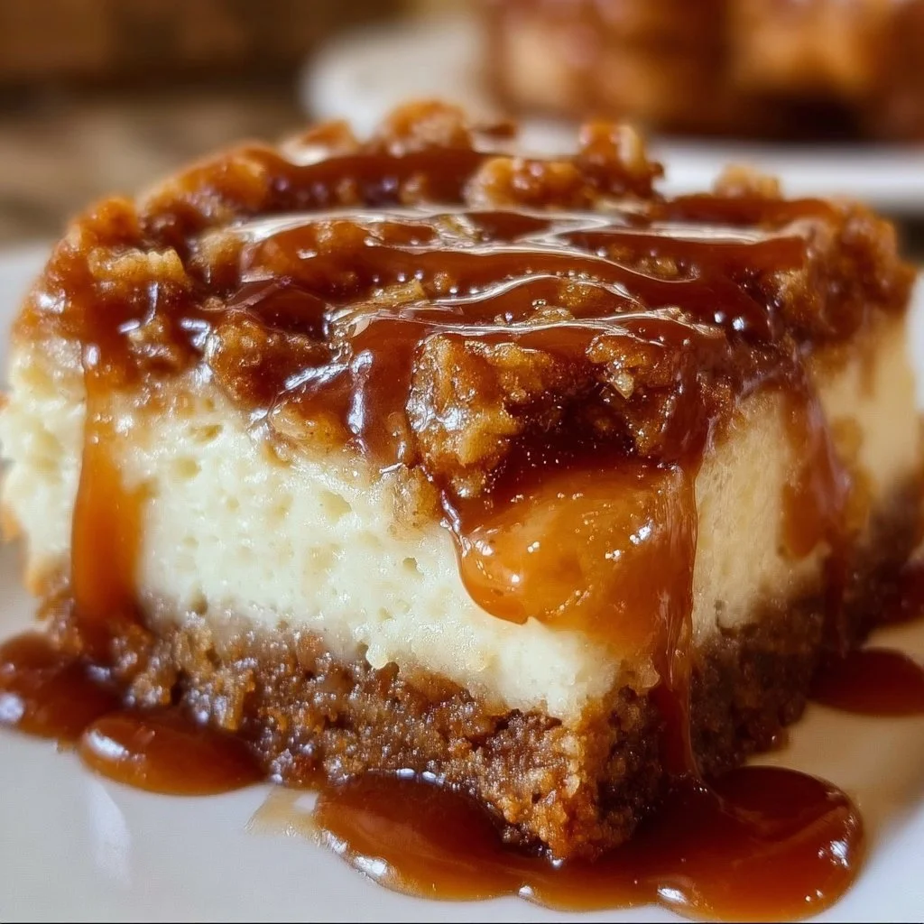 Caramel Apple Cheesecake Bars topped with caramel sauce and apple slices