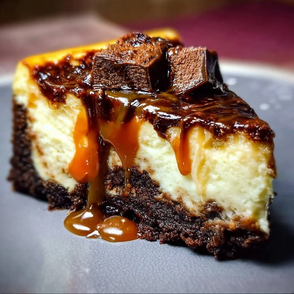 Delicious caramel brownie cheesecake topped with a drizzle of caramel sauce.