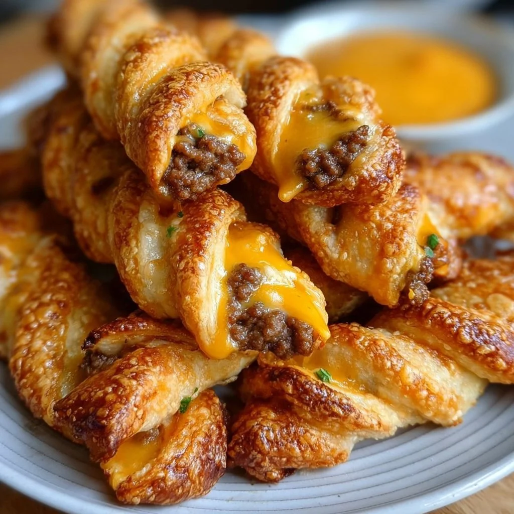 Cheeseburger twists arranged on a platter with fresh toppings and sauces.