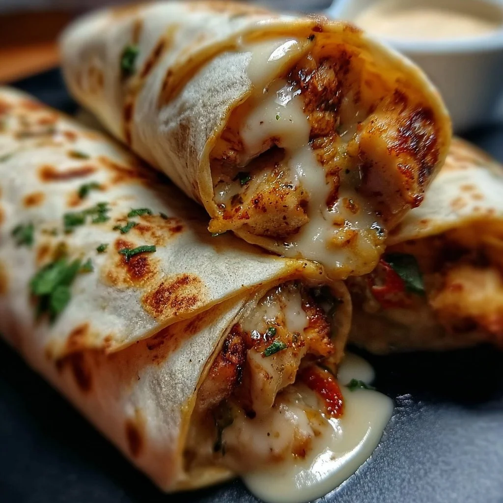 Cheesy Garlic Chicken Wraps with fresh ingredients wrapped in tortillas