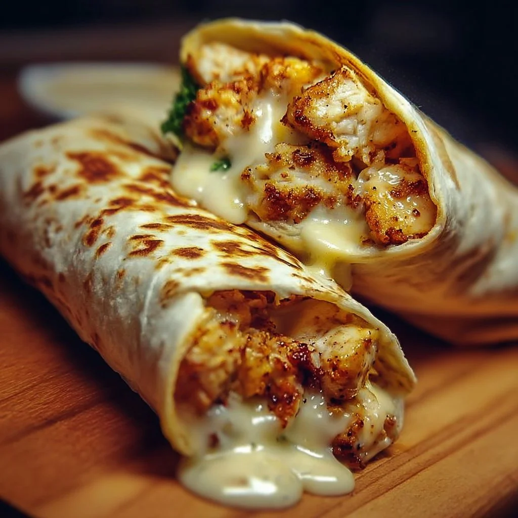 Cheesy garlic chicken wraps with fresh ingredients and cheese melting on top