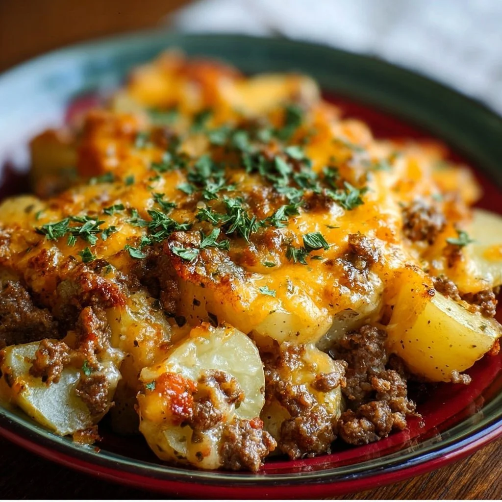 Cheesy Ground Beef and Potato Casserole served in a baking dish