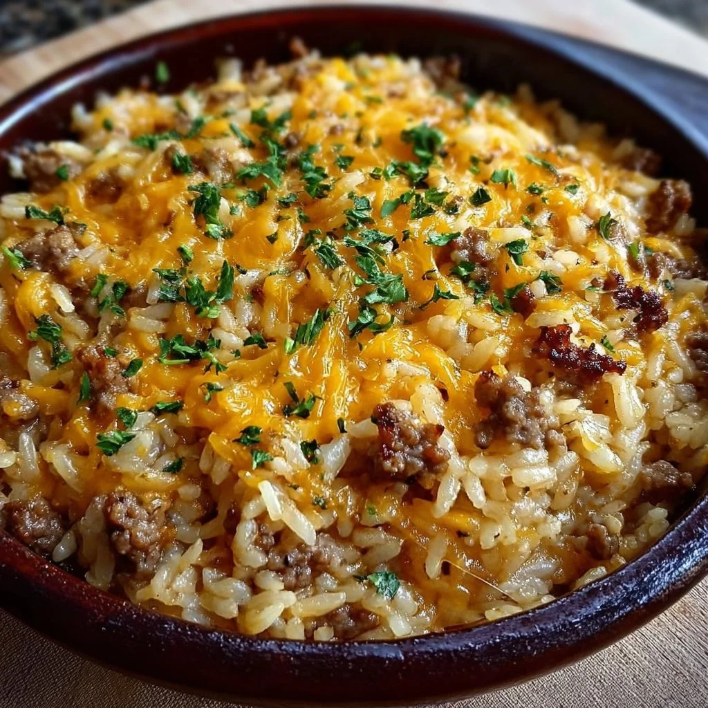 Cheesy hamburger rice casserole served in a baking dish with melted cheese on top.