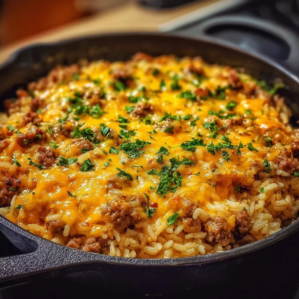 Cheesy hamburger rice casserole served in a baking dish, garnished and ready to enjoy.
