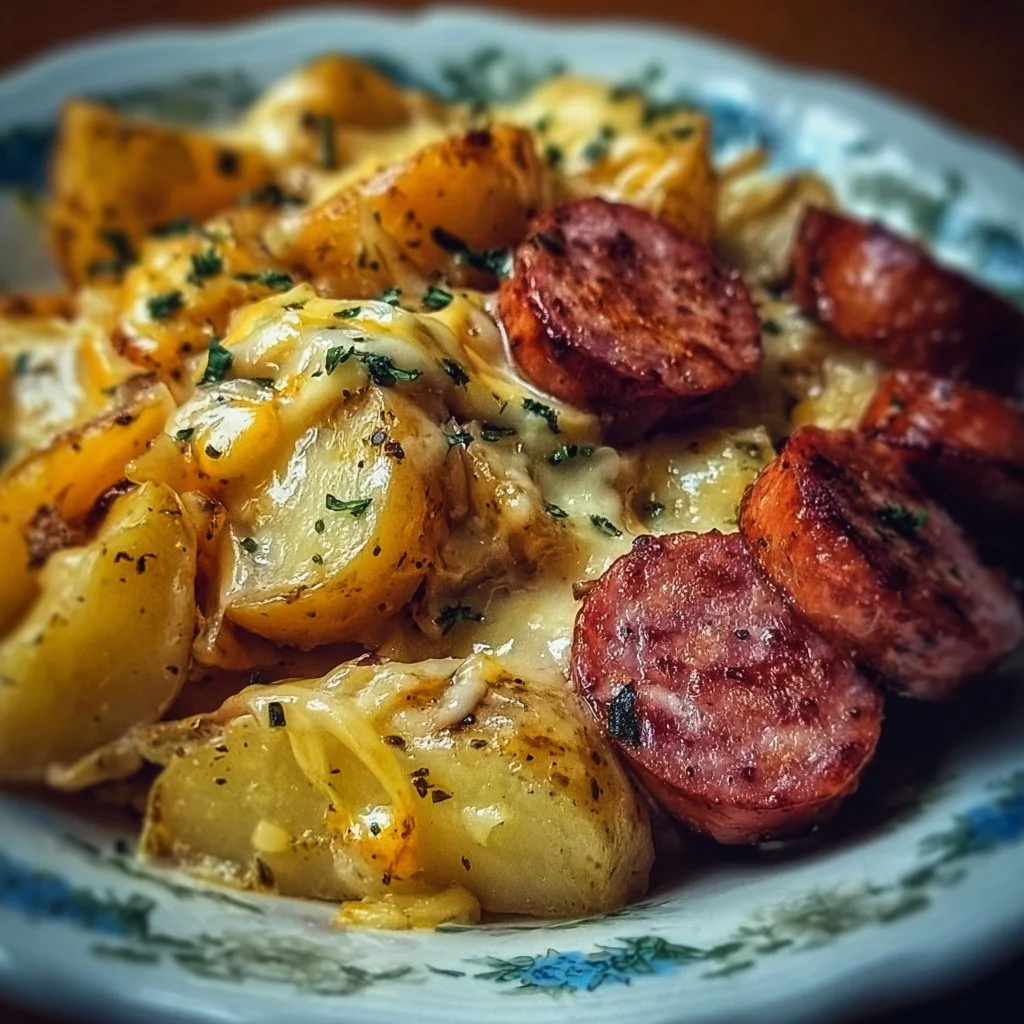 Delicious Cheesy Ranch Potatoes served with smoked sausage on a plate