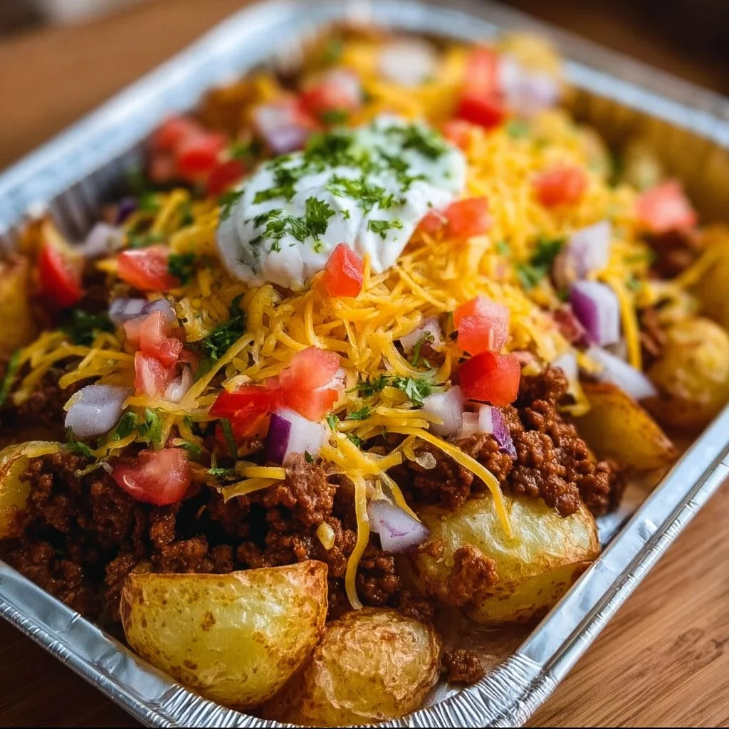 Delicious cheesy taco potatoes topped with fresh ingredients