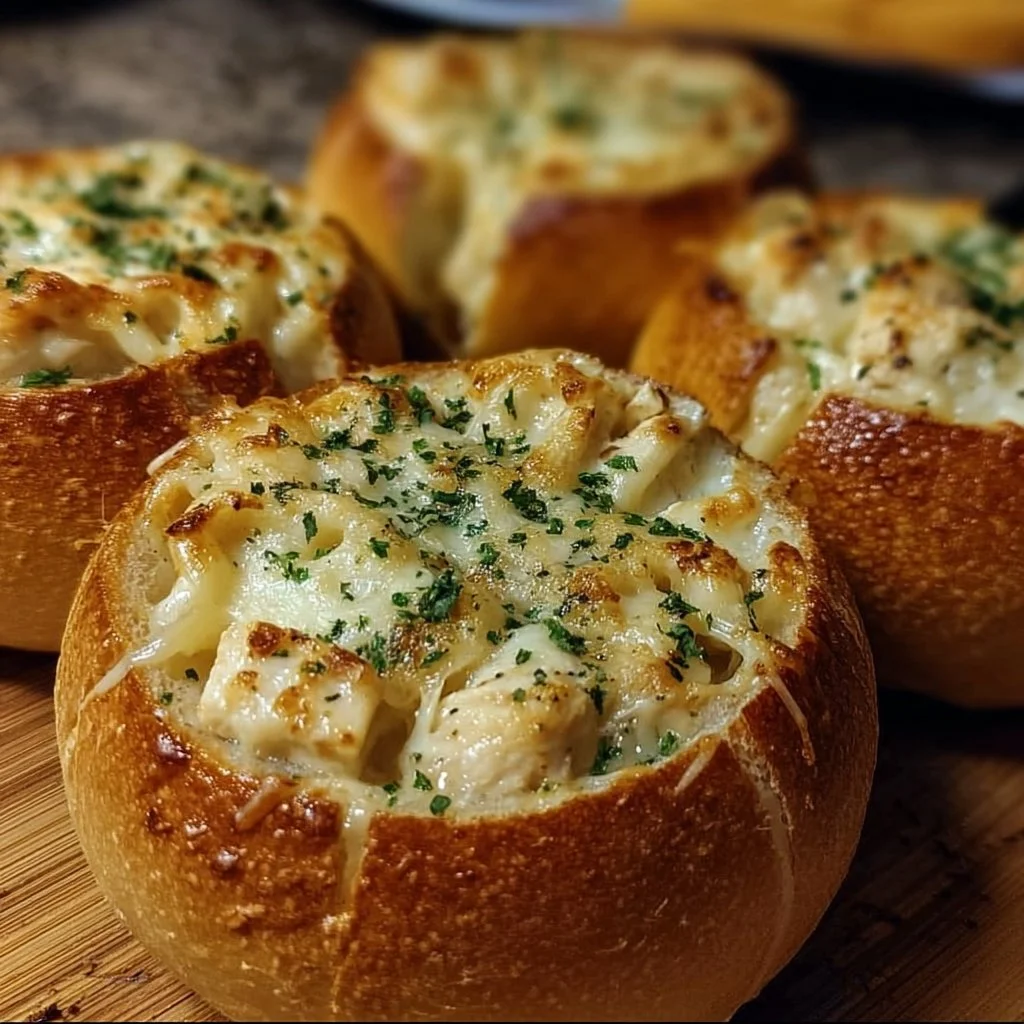 Delicious Chicken Alfredo served in crispy garlic bread bowls