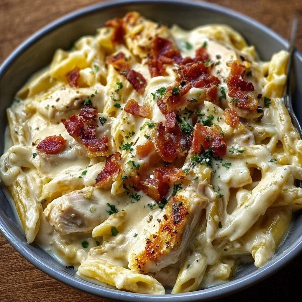 Creamy Chicken Bacon Ranch Pasta topped with crispy bacon and fresh herbs