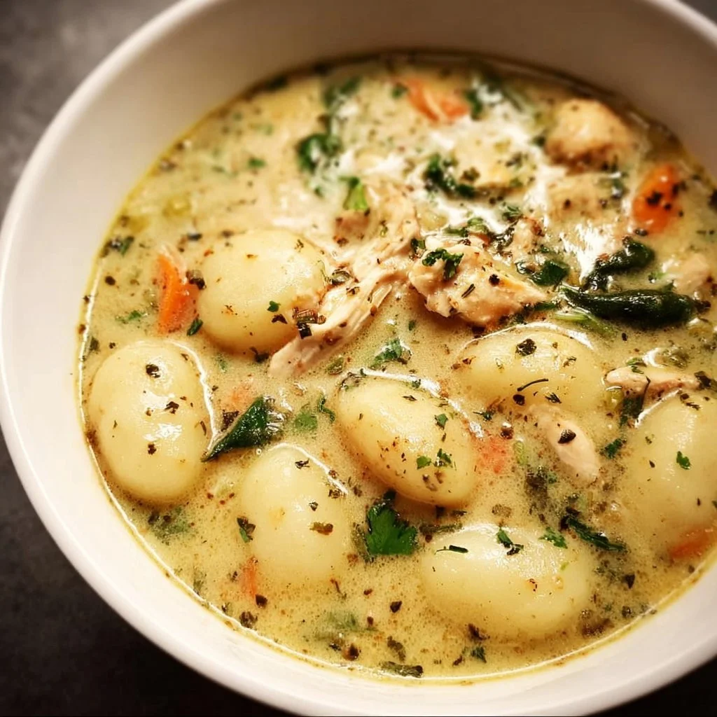 Bowl of creamy Chicken Gnocchi Soup with herbs and chicken pieces