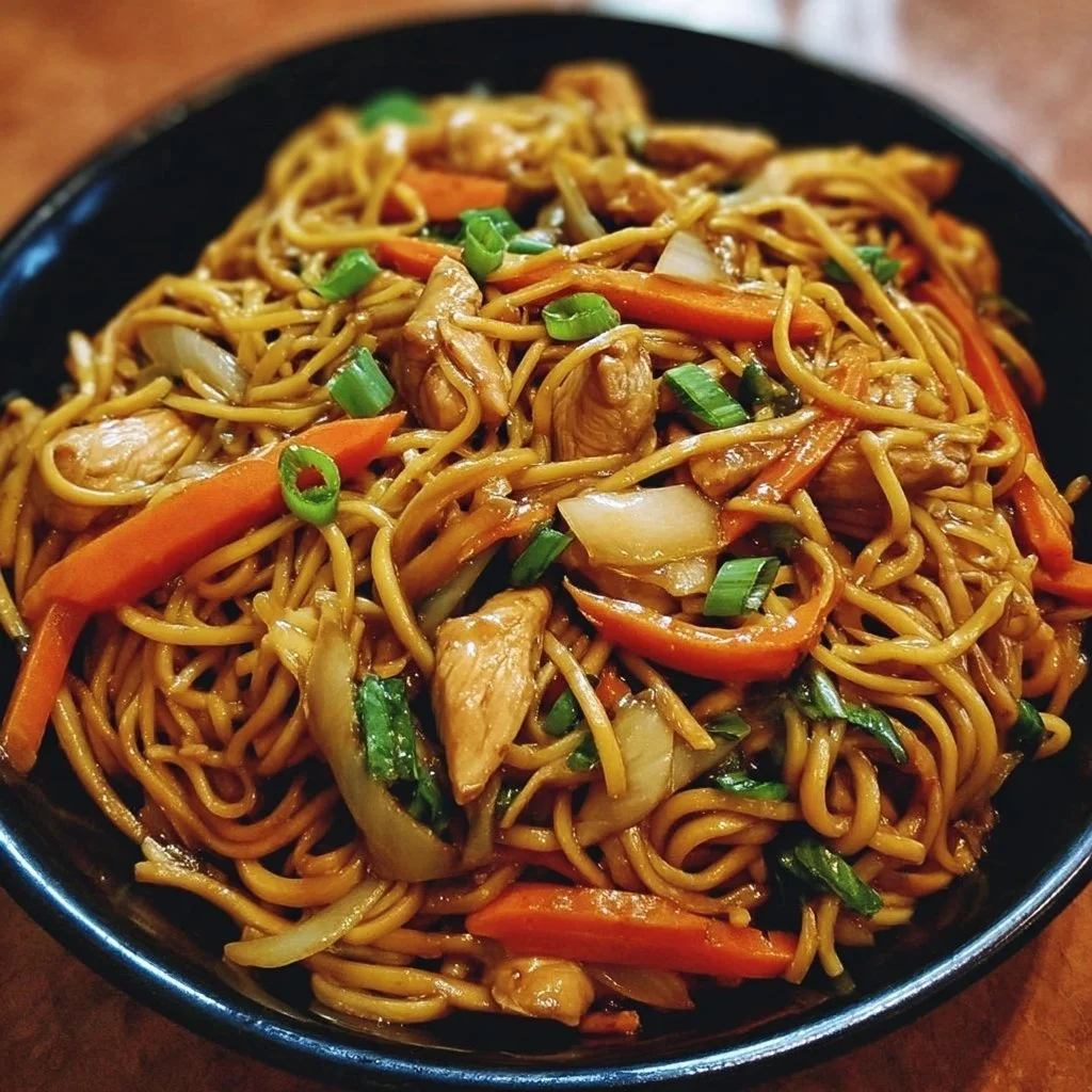 Delicious Chicken Lo Mein dish with stir-fried noodles and vegetables
