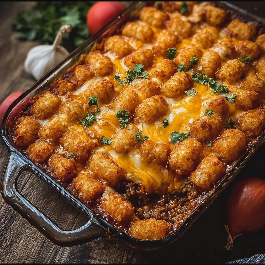 Delicious Chili Cheese Tater Tot Casserole topped with melted cheese and chili