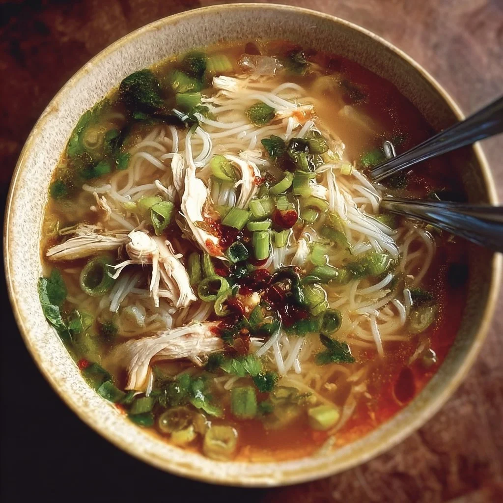 Bowl of Chinese-inspired chicken noodle soup with herbs and vegetables
