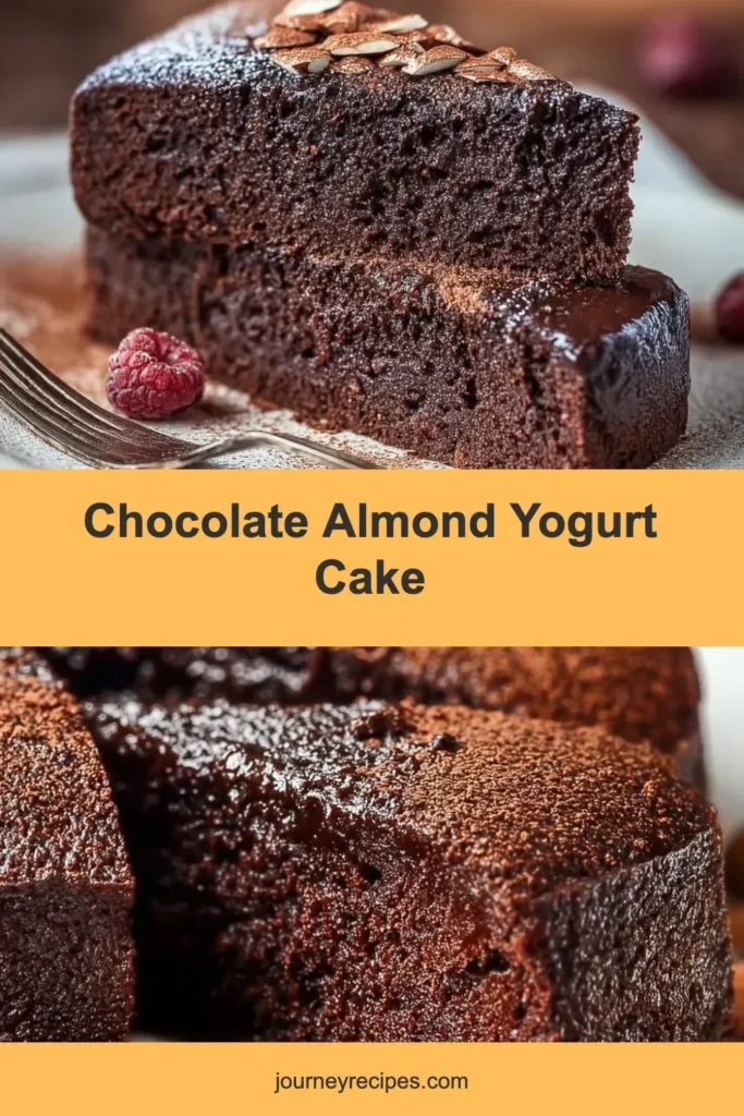 Delicious Chocolate Almond Yogurt Cake topped with almonds and chocolate drizzle