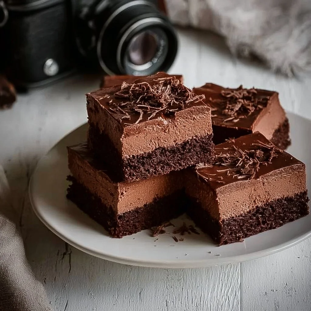 Delicious Chocolate Mousse Brownies served on a plate with whipped cream and chocolate shavings