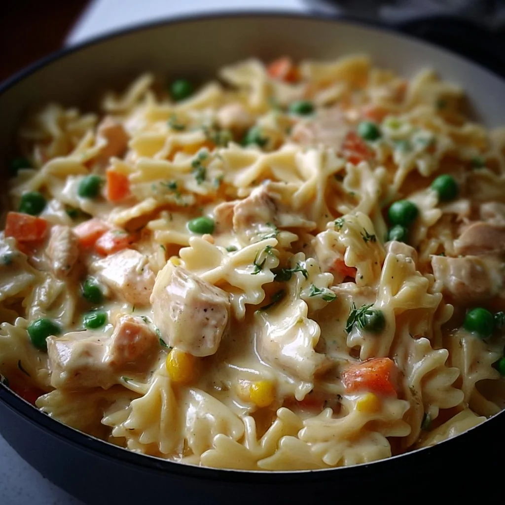 Delicious Classic Chicken Pot Pie Pasta topped with herbs and creamy sauce