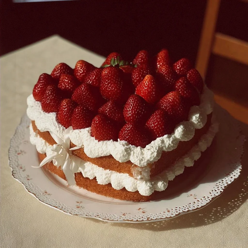 Coquette Cake topped with fresh strawberries, showcasing a delicious dessert.