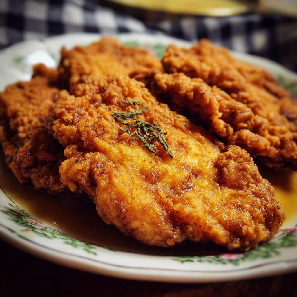 Delicious country fried chicken breast served on a plate with sides.