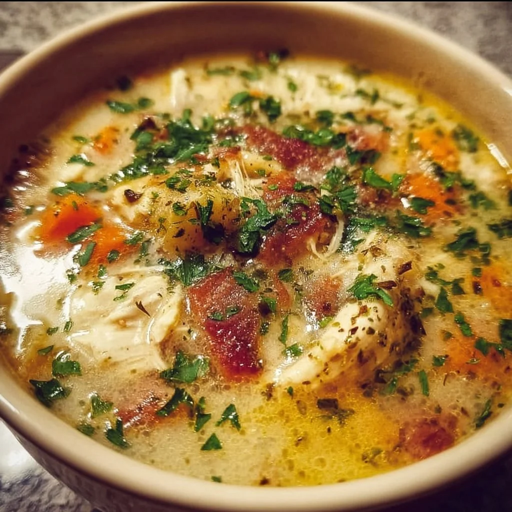 Bowl of delicious Crack Chicken Soup garnished with herbs.