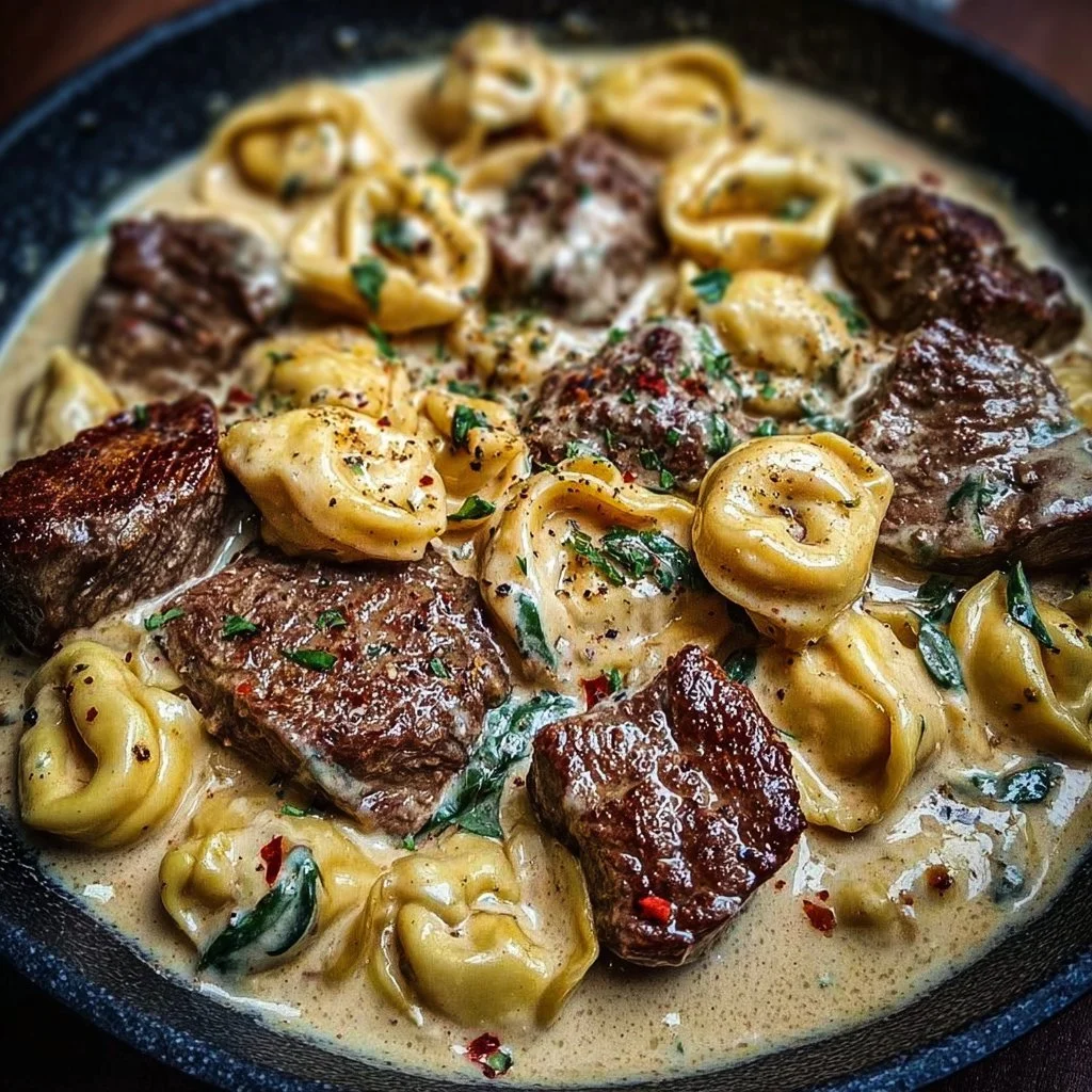 Delicious Cracked Garlic Steak Tortellini served in creamy sauce