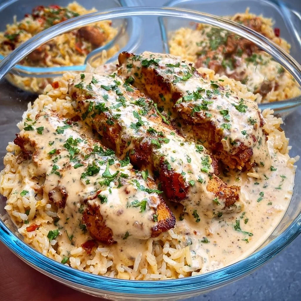Creamy Cajun Chicken and Rice Bowl served in a decorative dish