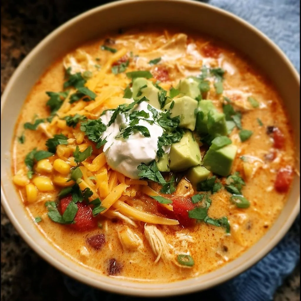 A bowl of creamy chicken enchilada soup garnished with cilantro and cheese