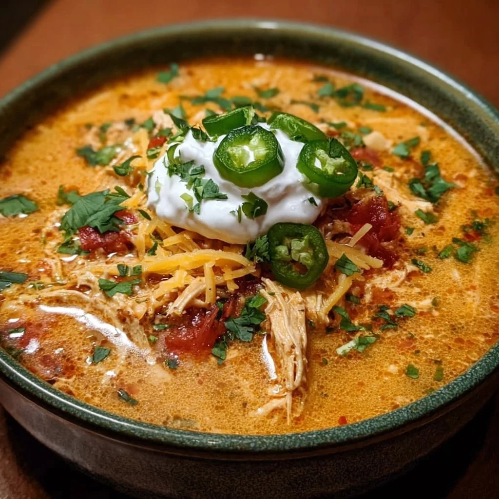 Bowl of creamy chicken enchilada soup garnished with cilantro and avocado.