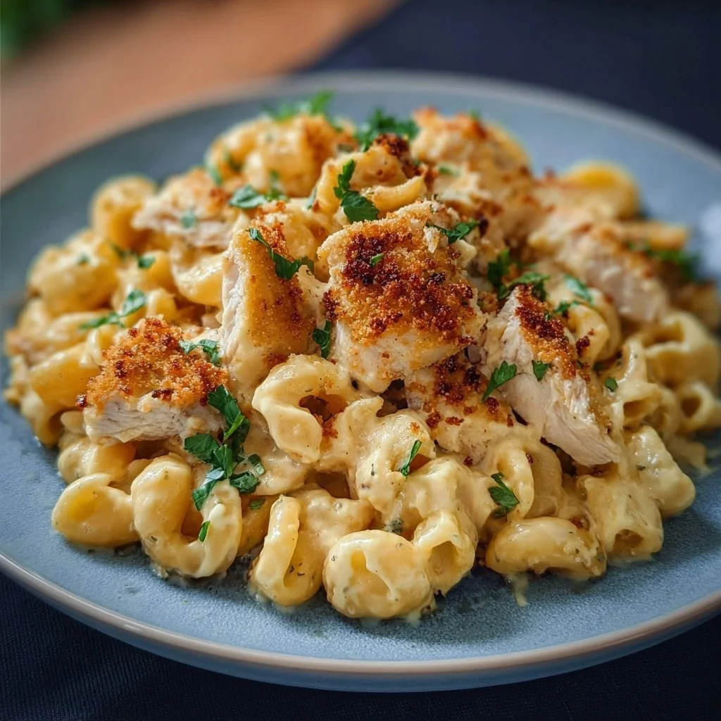Creamy chicken mac and cheese topped with breadcrumbs in a baking dish