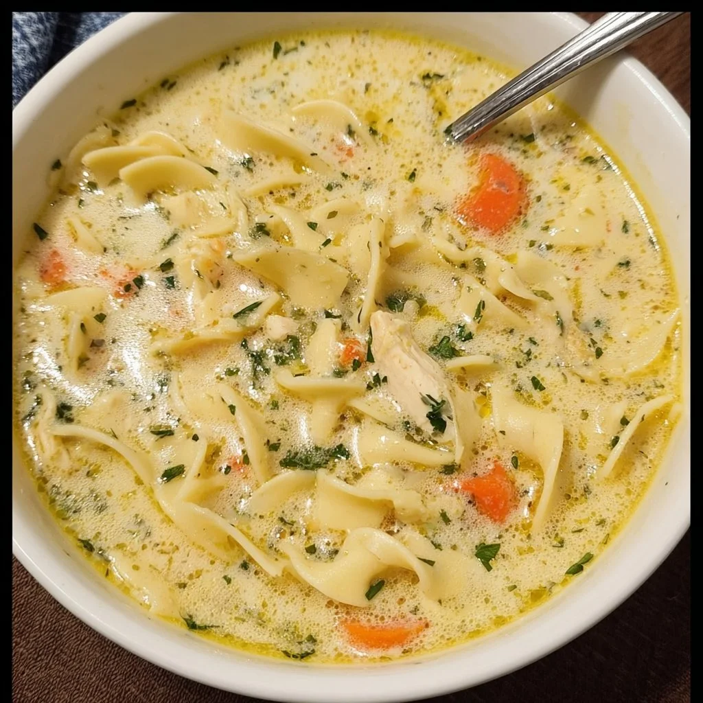 Bowl of creamy chicken noodle soup with vegetables and herbs