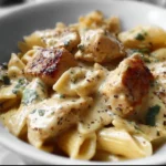 Dairy-free creamy chicken alfredo served with pasta and fresh herbs