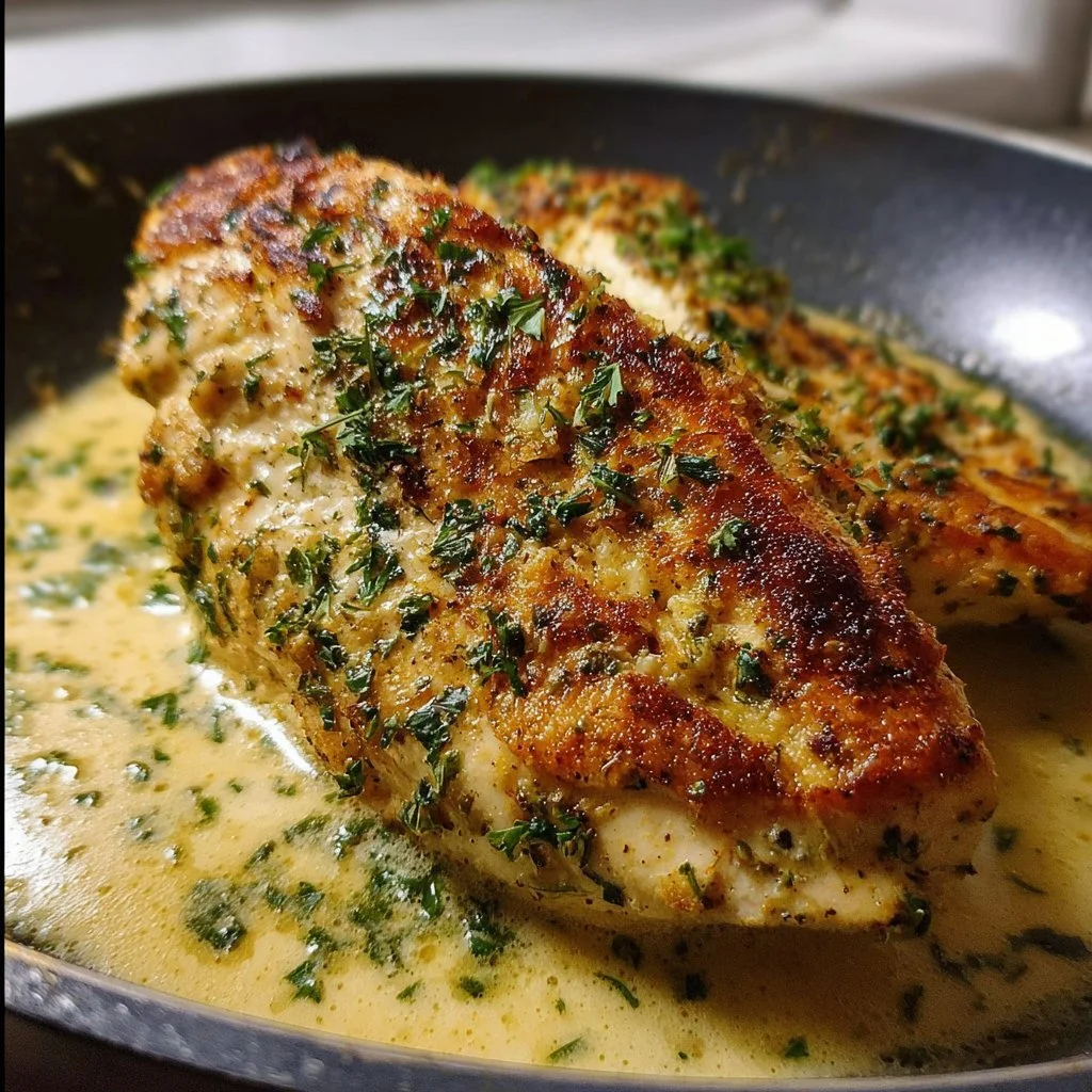 Delicious creamy garlic parmesan chicken breast served with herbs and pasta