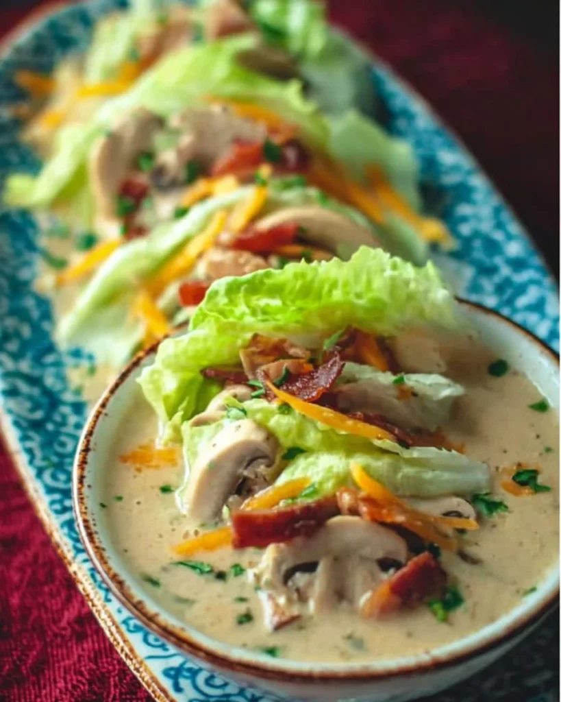 Bowl of creamy Keto Mushroom Soup garnished with herbs