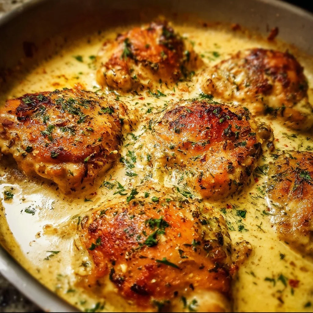 Creamy oven baked chicken thighs served on a plate with herbs