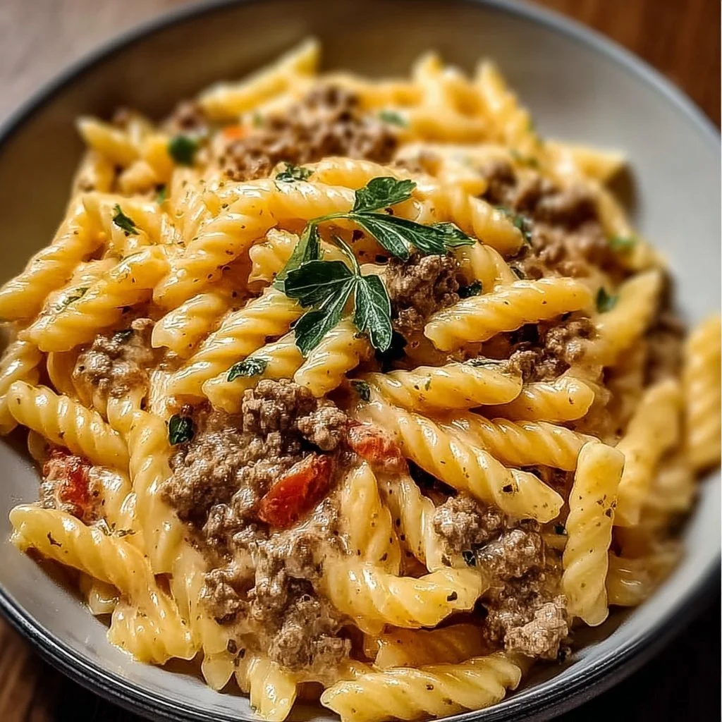 Creamy Rotel pasta with ground beef in a bowl, garnished with herbs.