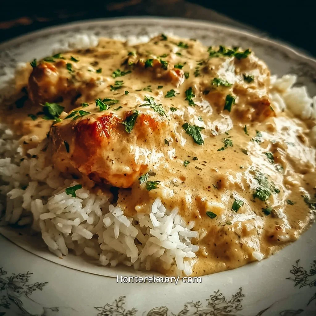 Creamy smothered chicken served over rice, showcasing a flavorful and comforting meal.