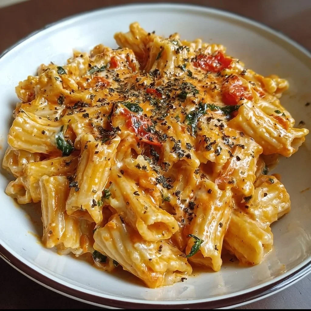 Delicious creamy tomato garlic pasta served in a bowl garnished with parmesan and herbs.