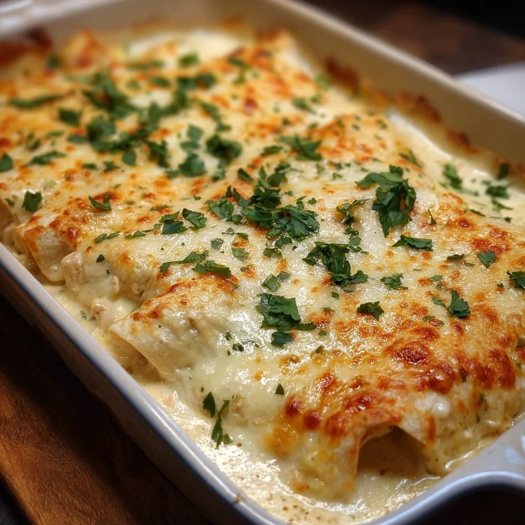 Delicious creamy white chicken enchiladas topped with cheese and cilantro