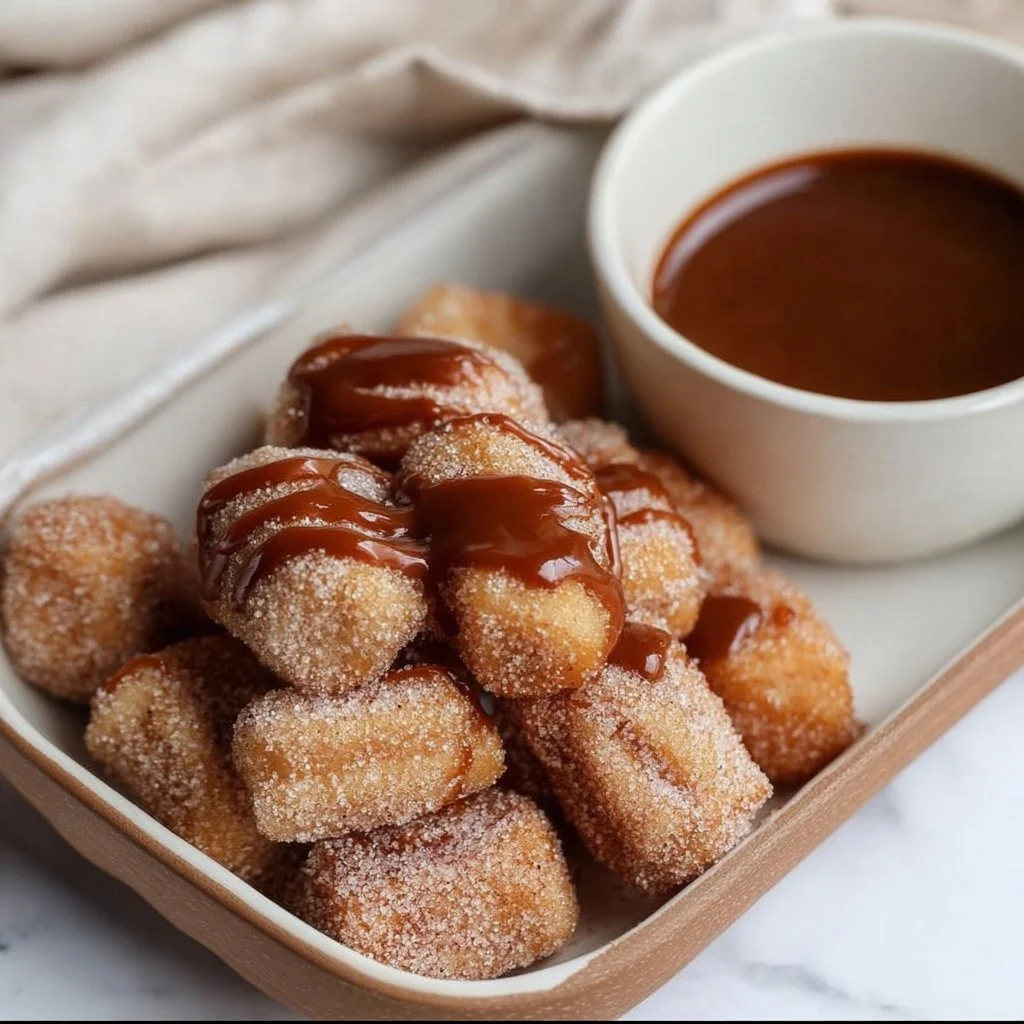 Crispy air fryer churro bites served with chocolate dipping sauce