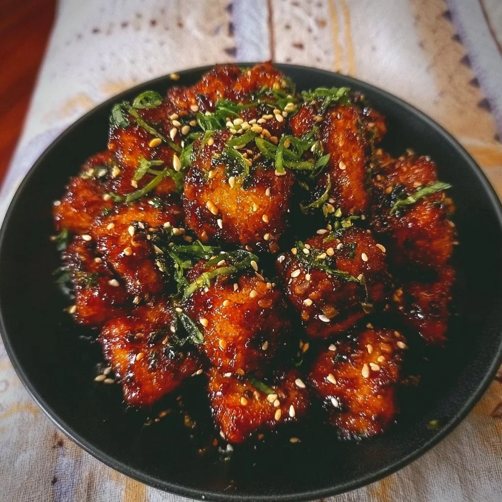 Delicious crispy honey garlic tofu served with garnishes on a plate