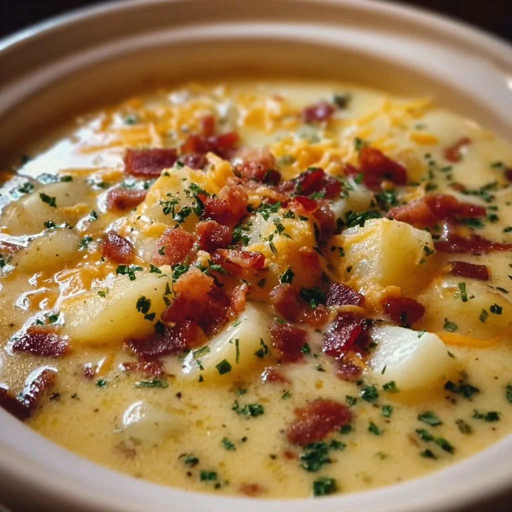 Creamy Crock Pot Crack Potato Soup garnished with green onions and bacon