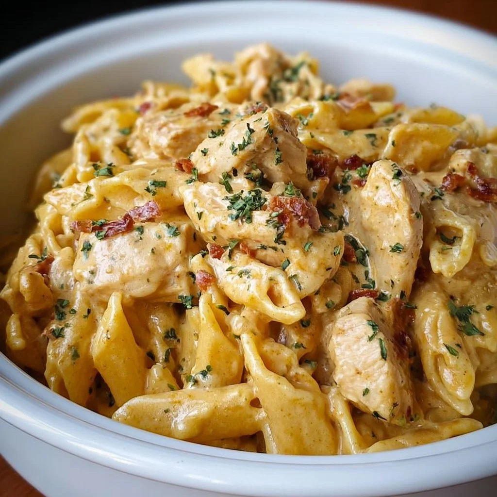 Crock Pot Creamy Cajun Chicken Pasta served in a bowl with fresh herbs