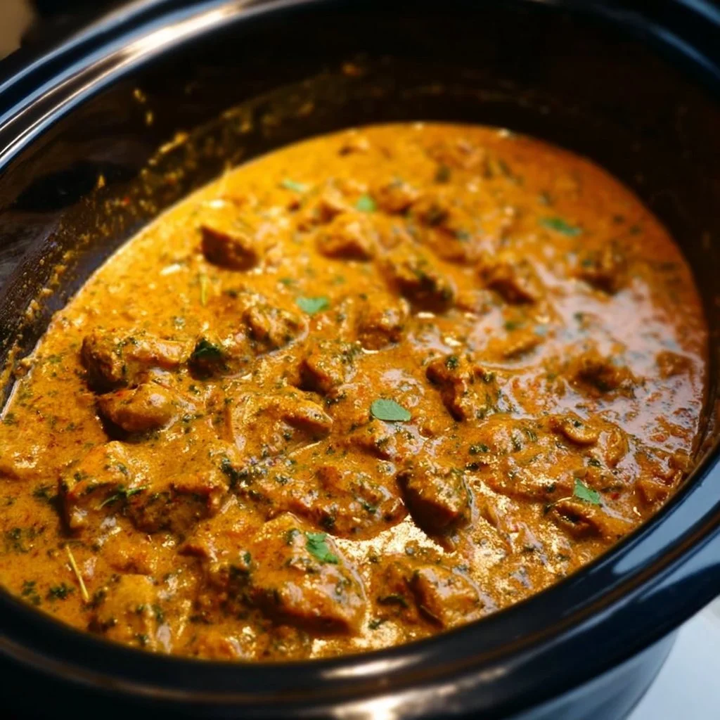 Crockpot Butter Chicken with creamy sauce and spices in a slow cooker