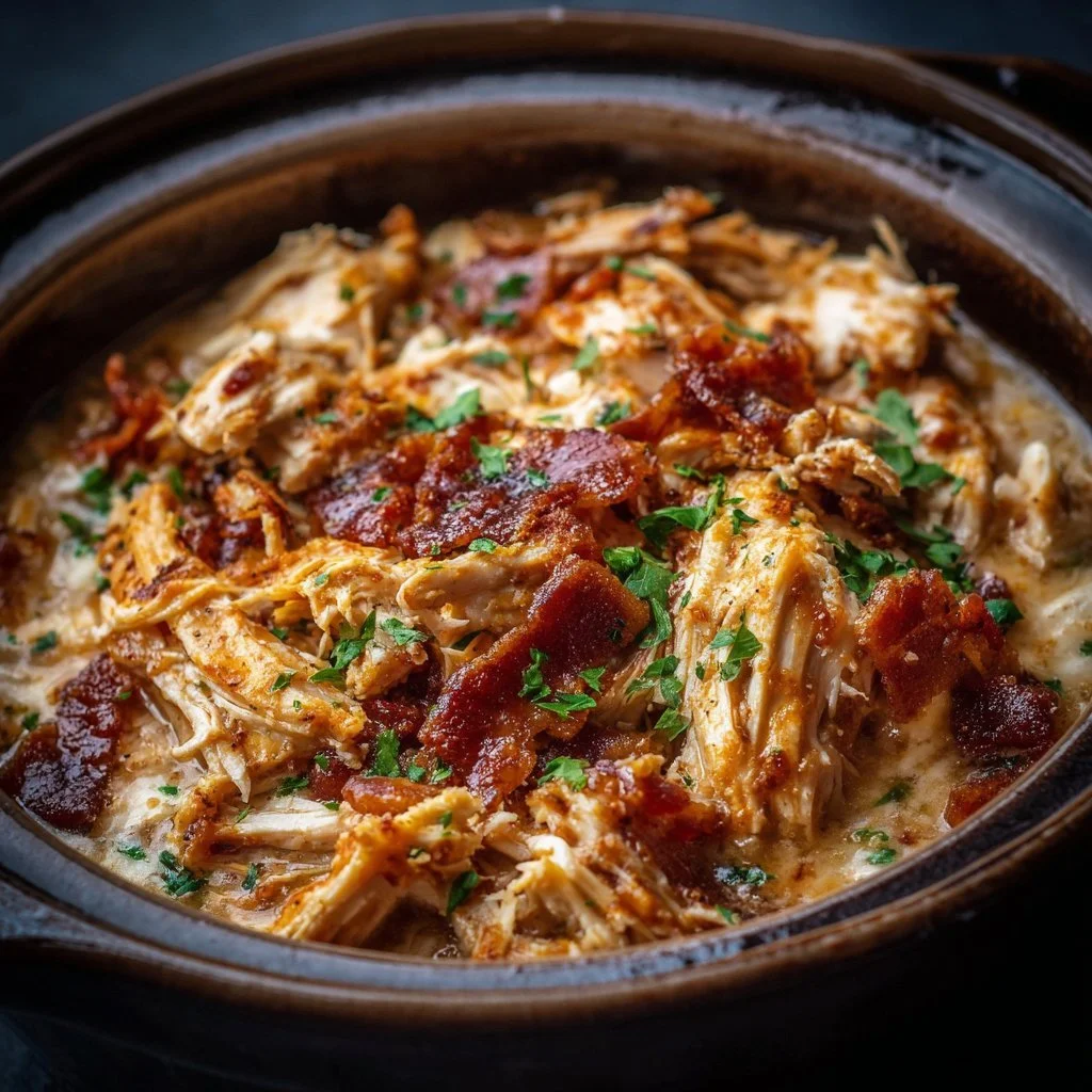 Delicious creamy Crockpot Crack Chicken ready to serve with toppings.
