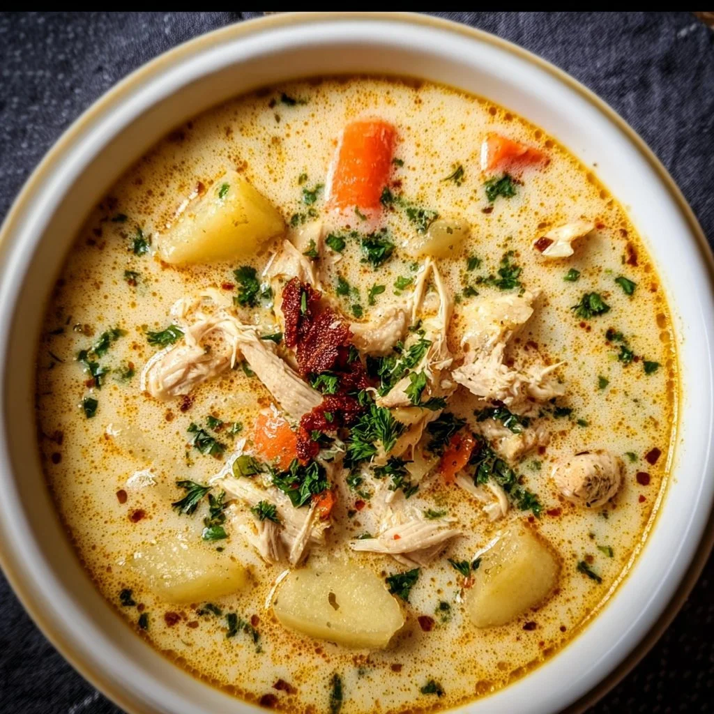 Crockpot creamy chicken and potato soup in a bowl with herbs on top.