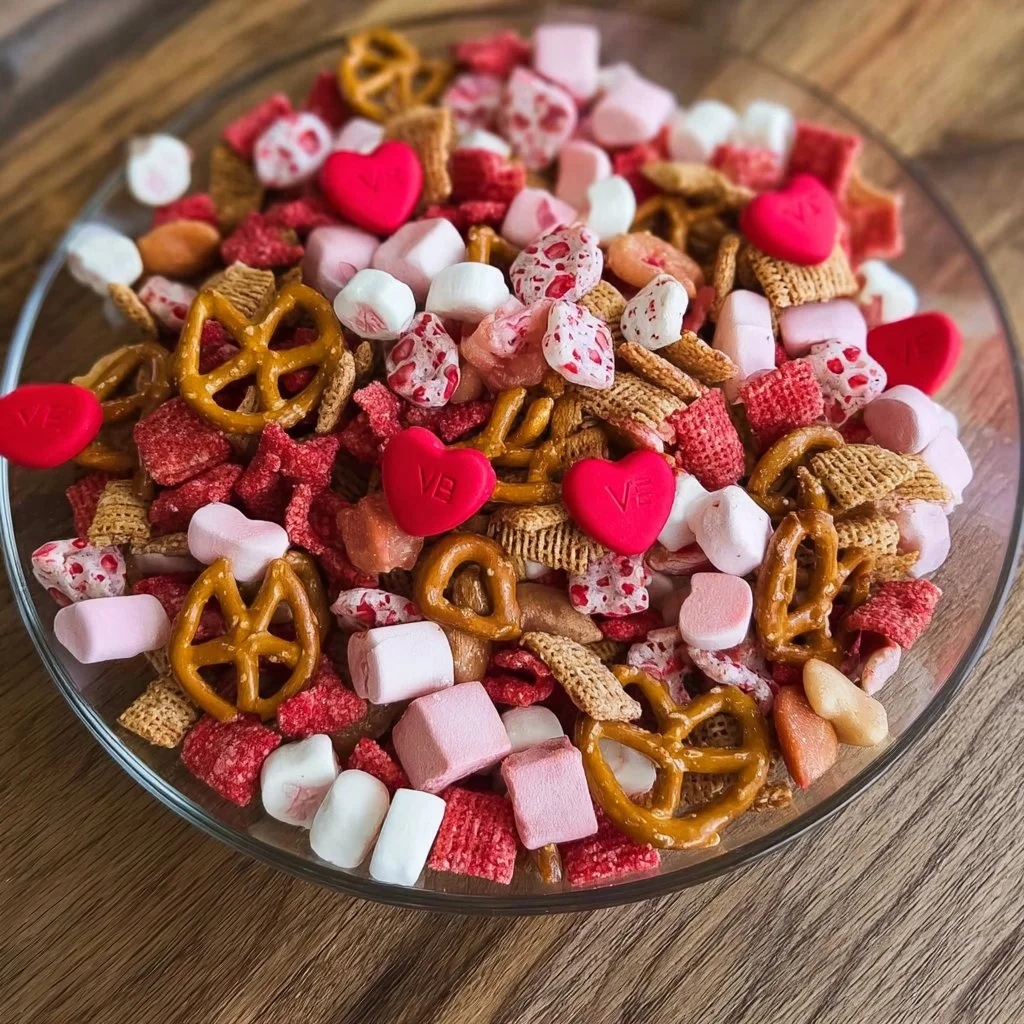 Cupid Crunch Valentine's Day Trail Mix with heart-shaped treats and colorful ingredients
