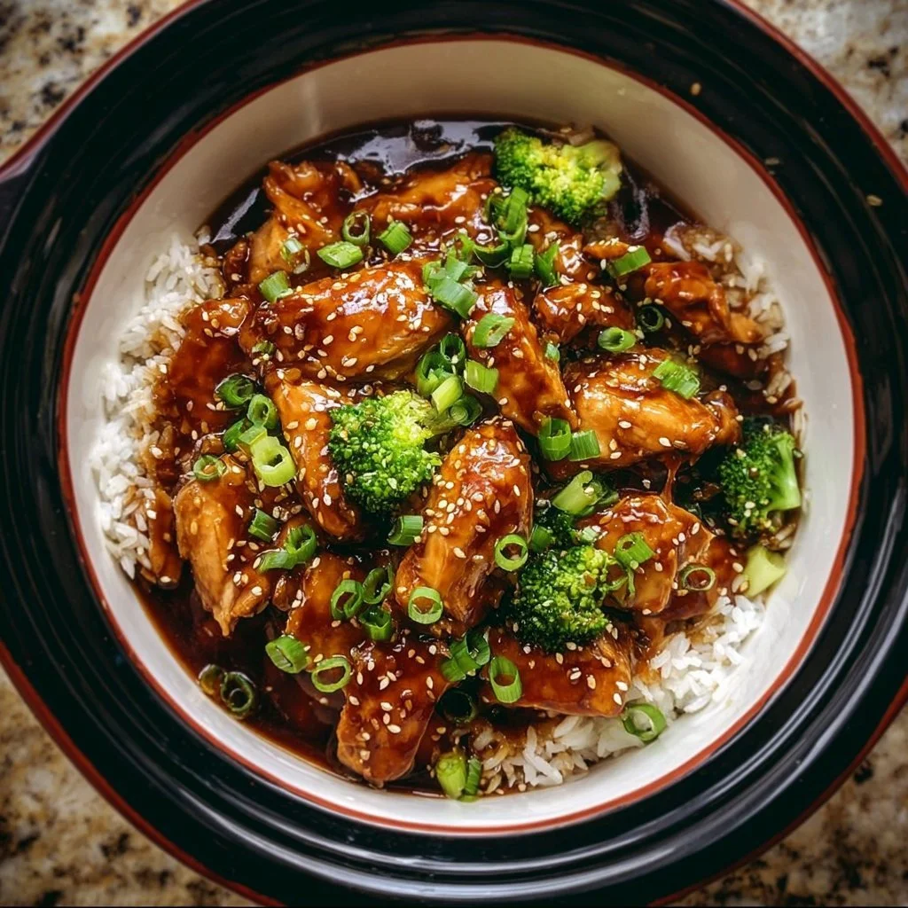 Crockpot Teriyaki Chicken in a bowl, garnished with green onions and sesame seeds.