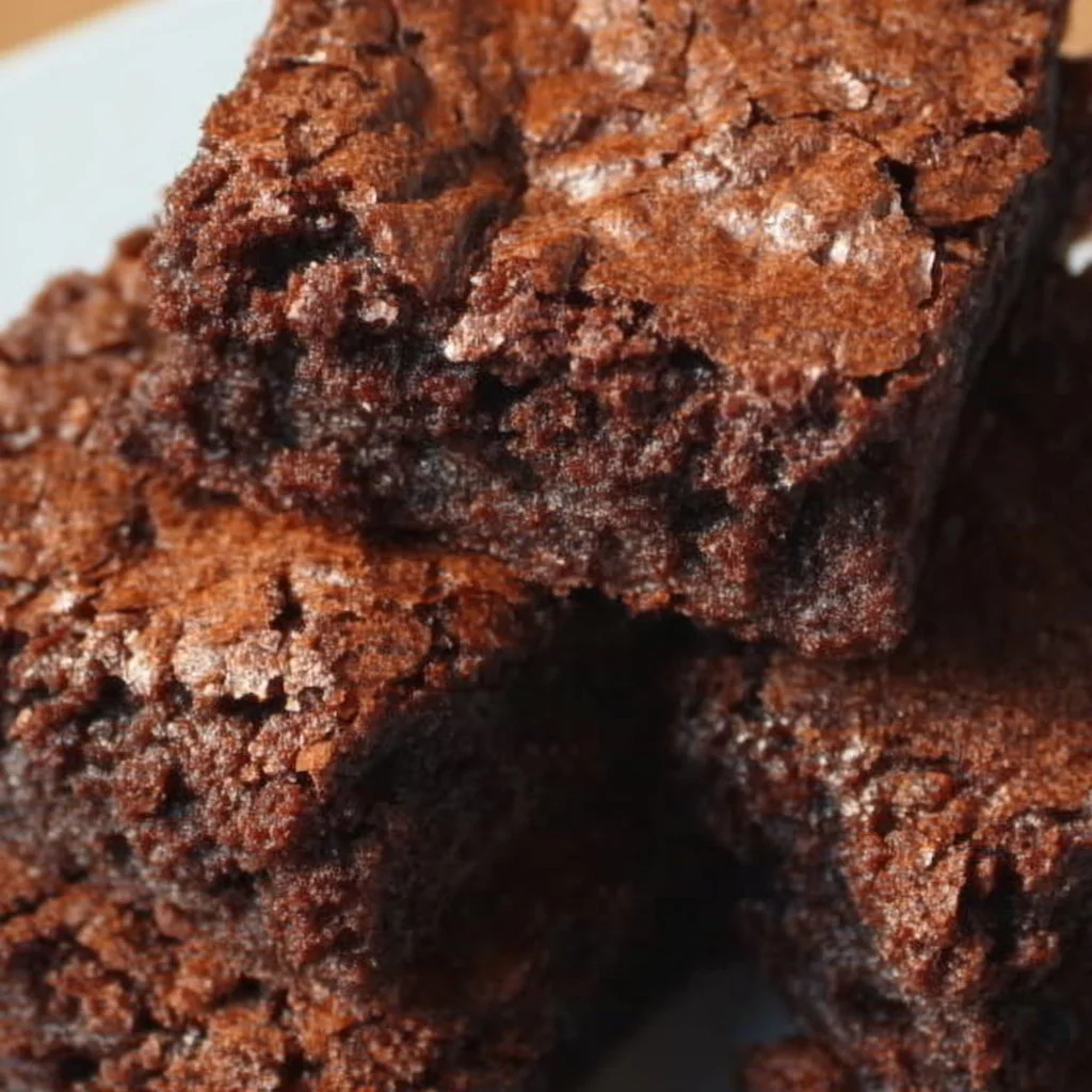 Plate of easy homemade brownies served warm with chocolate drizzle