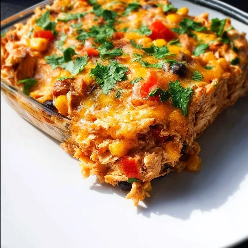 Easy Chicken Burrito Casserole with delicious filling and toppings
