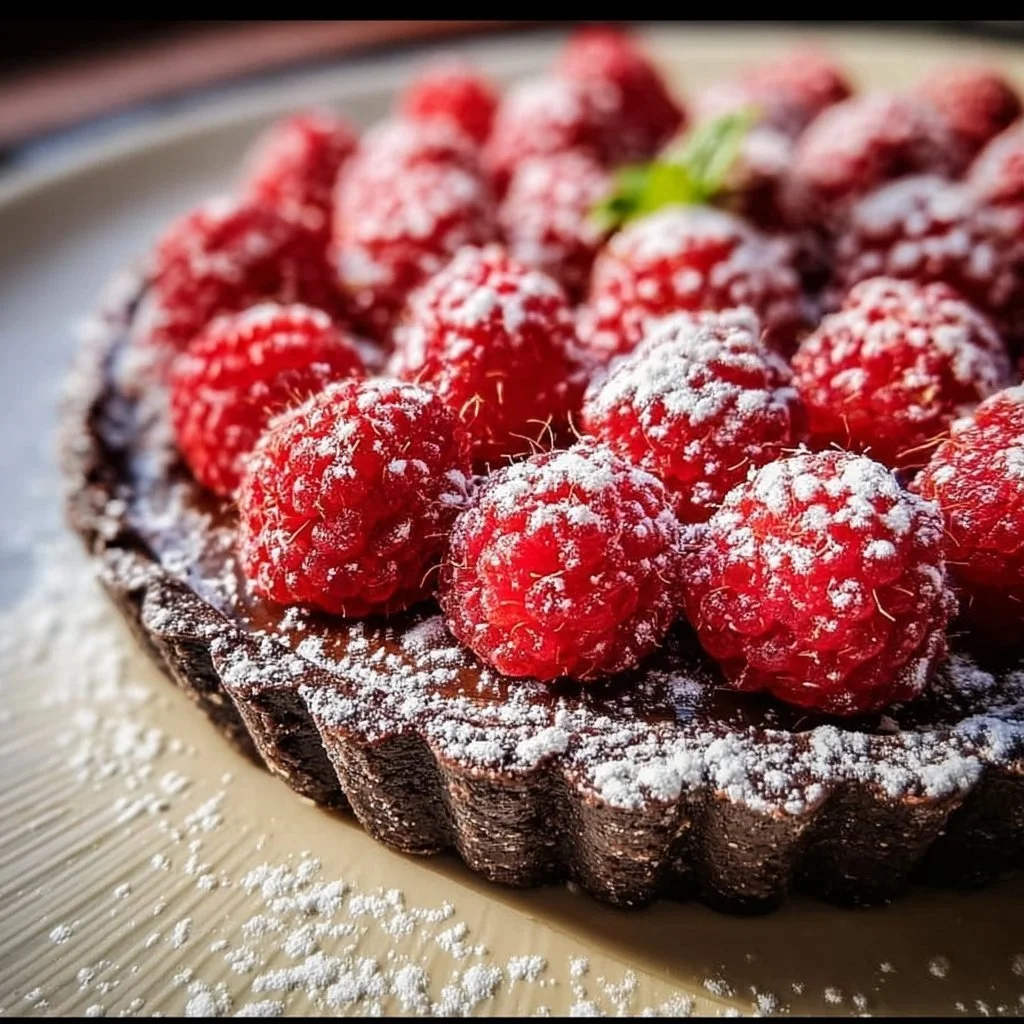 Easy chocolate raspberry tart with a rich chocolate filling and fresh raspberries