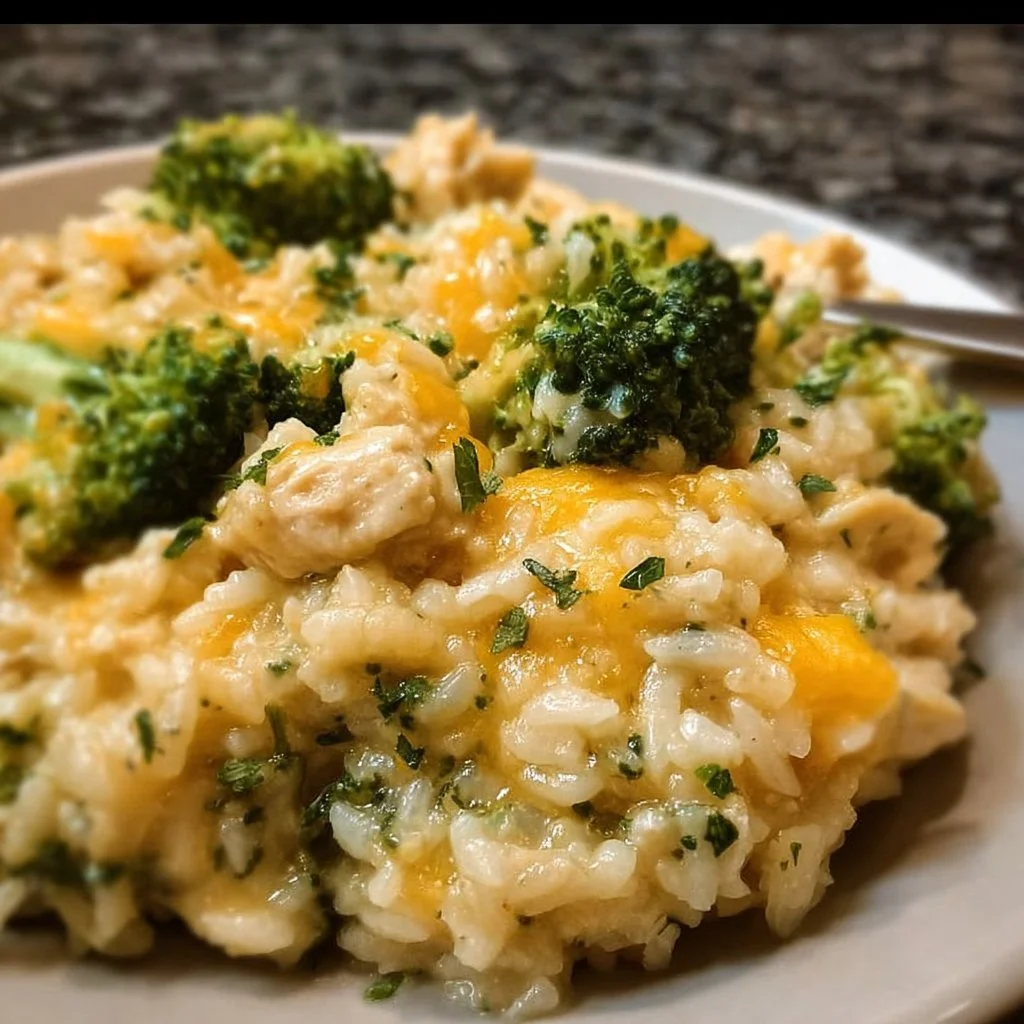 Crockpot cheesy chicken broccoli rice served in a bowl with a spoon